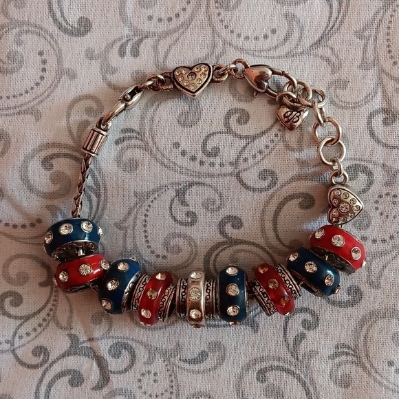 Brighton Silver Red and Blue Barrel Slide Bracelet - Picture 1 of 12